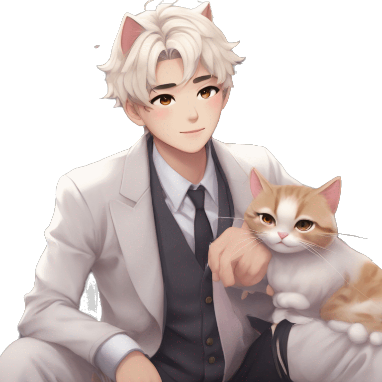 Gorgeous romantic anime style Asian formal modern gentlemanly guy with cat ears and flowers and blushing face aesthetic trending style outside emoji