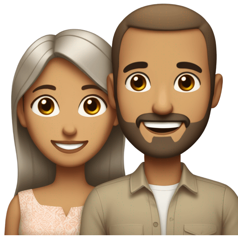 Brown-haired Puerto Rican woman with dark brown eyes wearing a cute blouse giving comforting hug to short, bald man with brown eyes, laugh lines, and a beard emoji