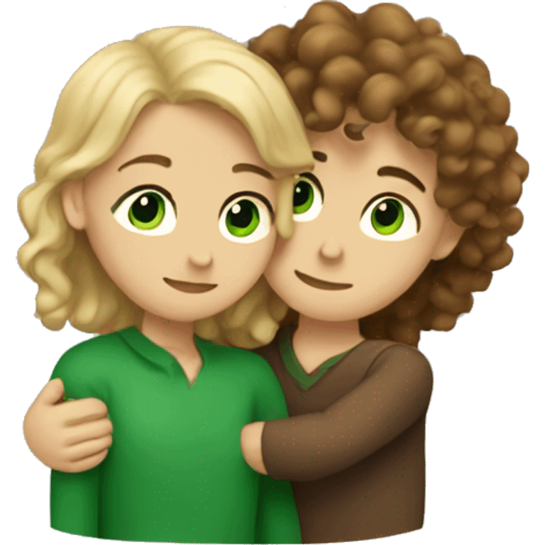 a blond with green eyes man hugging a curly brunette girl emoji