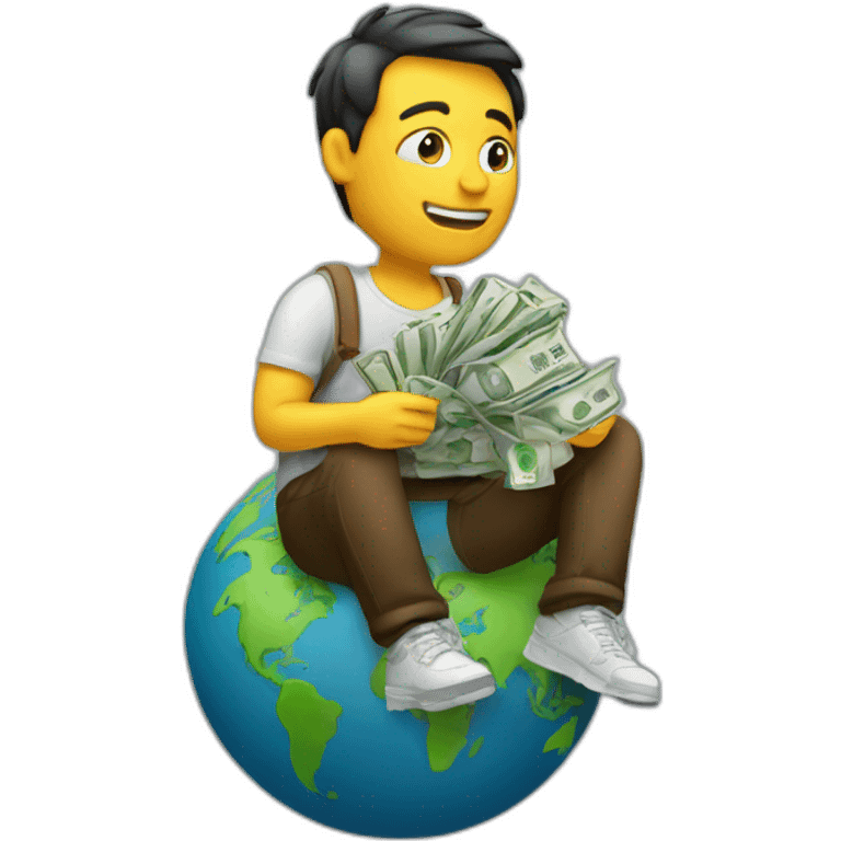 man sitting on globe with money bag emoji