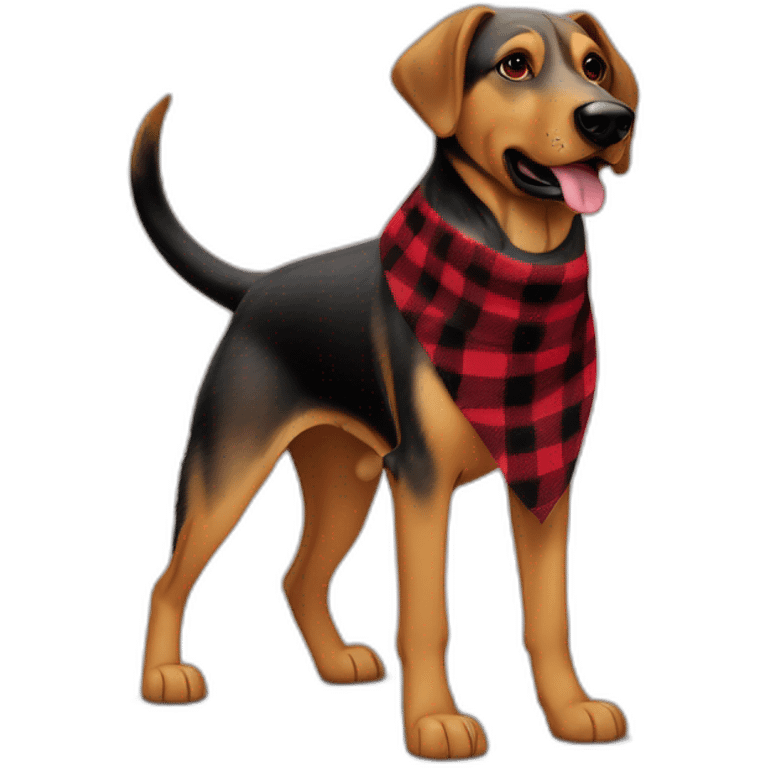 adult 75% Coonhound 25% German Shepherd mix dog with visible tail wearing small pointed red buffalo plaid bandana full body walking left quickly emoji