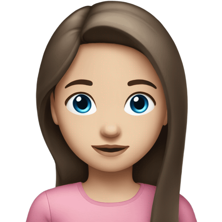 Brunette kid girl long straight hair blue eyes in pink emoji