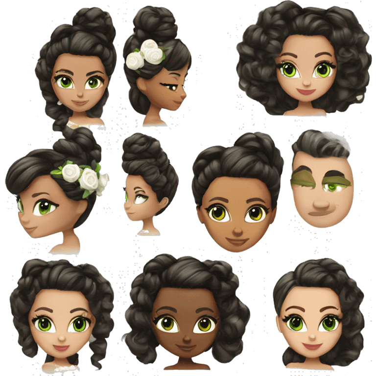 Bratz, bride, brunette updo hair, olive skin, green eyes emoji