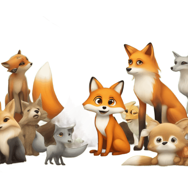 A cute orange fox with big eyes sitting under a tree, surronded by animal friends looking shy as others talk emoji