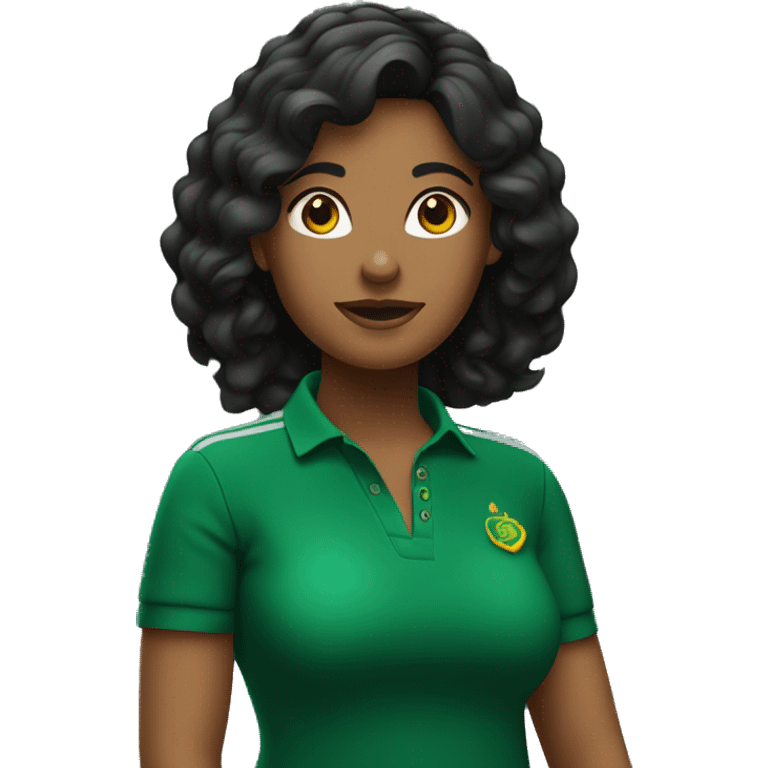 mujer de tez clara y cabello negro utilizando un polo color verde oscuro emoji