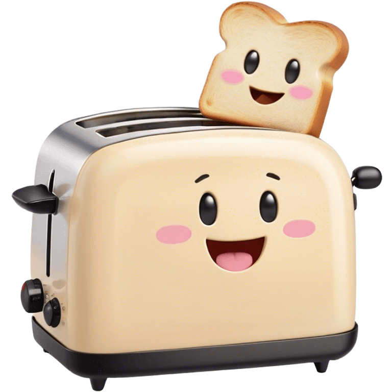 Cute Kawaii Toaster, tiny and square, soft pastel cream with a happy smile, chubby cheeks, two little toast slices popping out, giggling in excitement! emoji