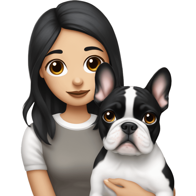 A black-haired girl with white strands near her face holds a French bulldog in her hands, whose muzzle is black and has a white stripe in the middle emoji