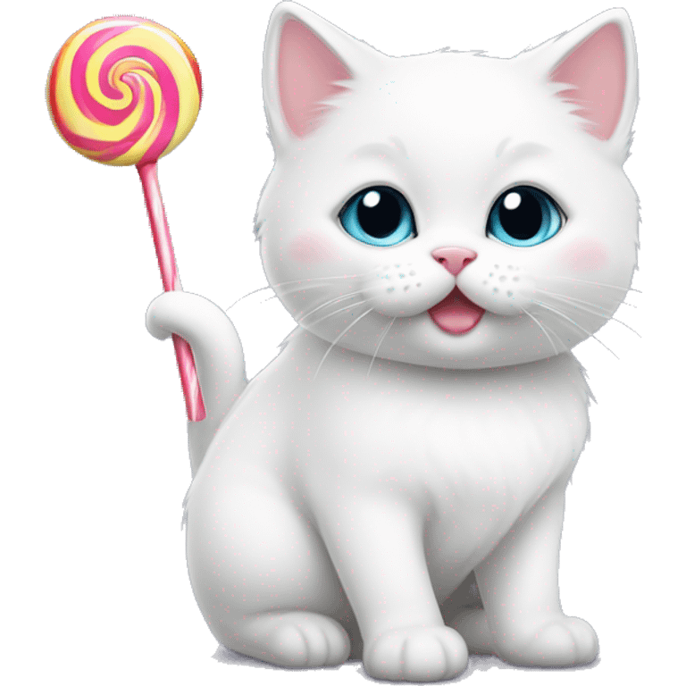 Cute chubby white kitten with lollipop emoji