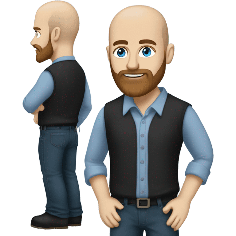 Bald, Caucasian, sky-blue-eyed, Psychotherapist in a modern colorful chair. He has a brown full beard and he’s Wearing a black dress shirt with a subtle pattern, blue jeans and black Chelsea boots with his legs separted leaning forward grey in goatee emoji