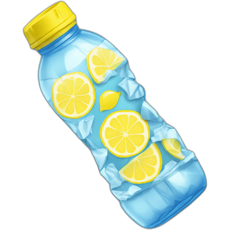 water bottle on the ground filled with lemonaid, crumpled emoji