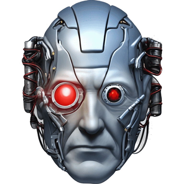 Jean luc picard from Star Trek assimilated by the Borg, with mechanical metal covering the left side of his face, with wires and a red light on the left side. His eyes are blue emoji