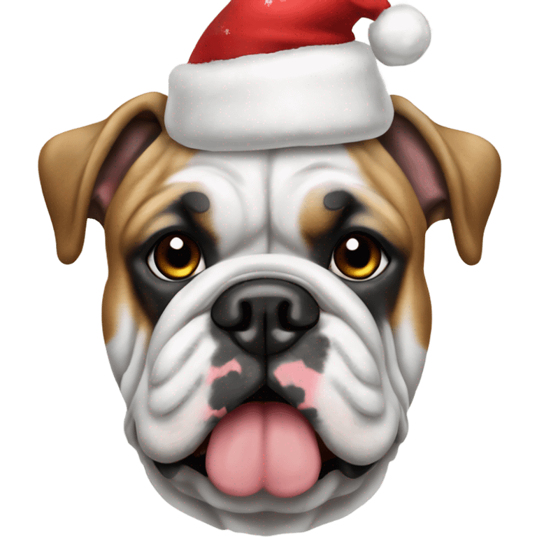 English bulldog white, speckled ears, Christmas hat emoji