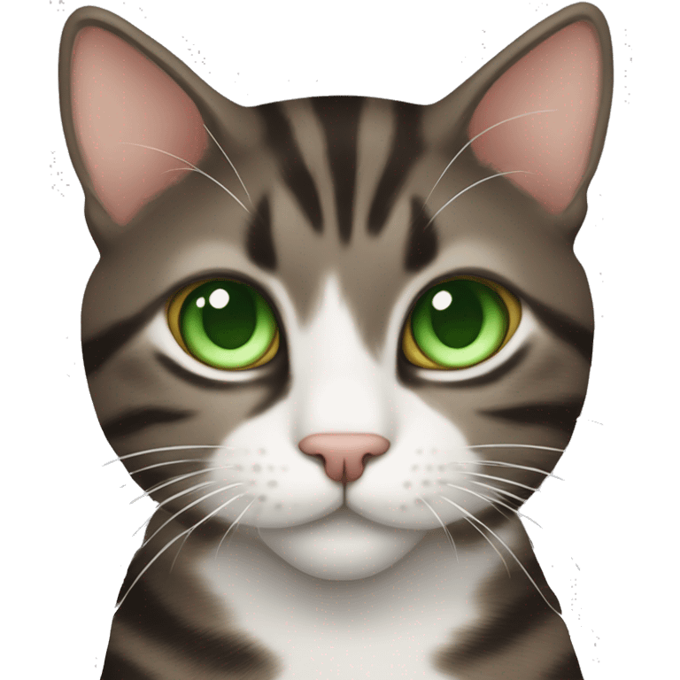 Dark Brown and white tabby cat with green eyes emoji