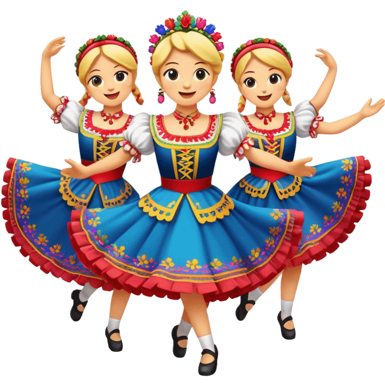 Cinematic Realistic Mazurka Dance Emoji, depicted as a lively traditional Polish folk dance scene with colorful costumes and spirited movement, rendered with dynamic textures and vibrant festive lighting that captures its rhythmic energy. emoji