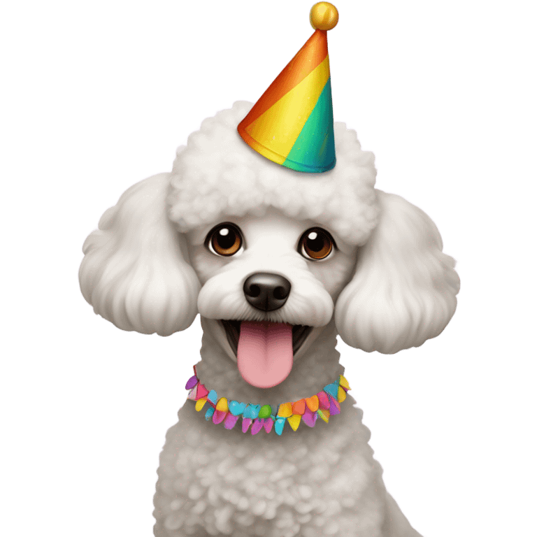 White Toy poodle wearing birthday hat emoji