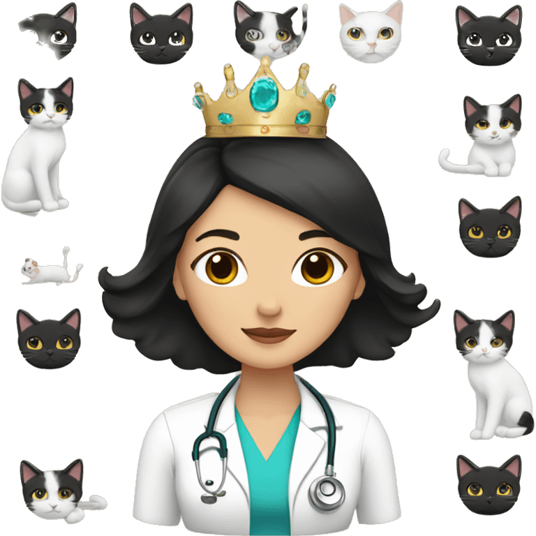 Female doctor with long black hair and a crown with cats around her emoji