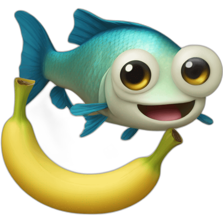 A fish with legs swims on a banana emoji