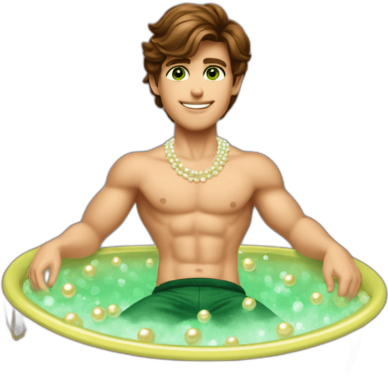 Posh-muscle-boy-brown-hair-green-eyes-pearl-necklace-in-golden-bathtub-legs emoji