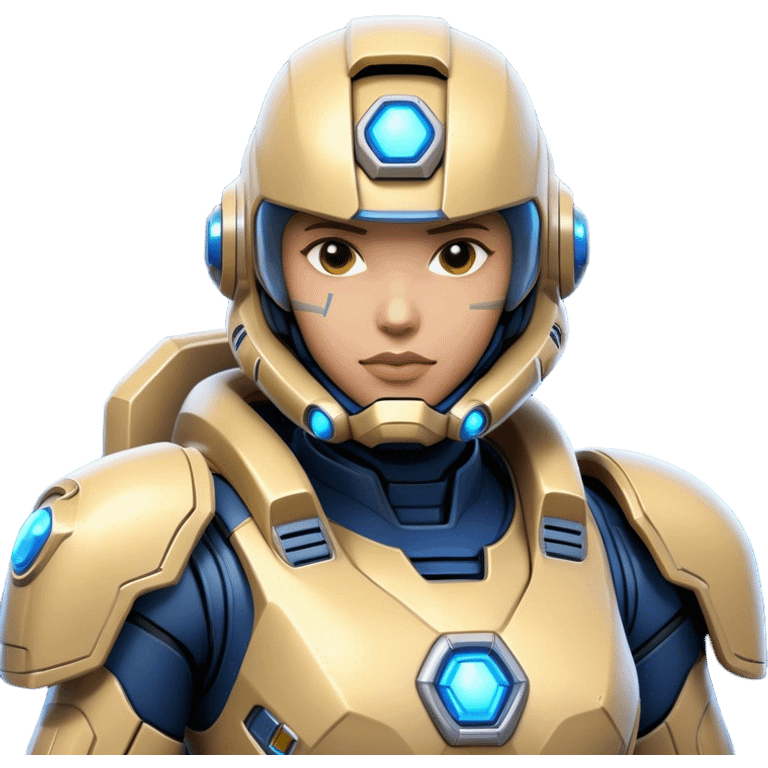 Clash of Clans aesthetic: Cinematic heroic Terran Marine Hero close up Emoji, rendered in a 3D vector-style similar to standard emojis with minimal shading and bold, simplified shapes. A compact, heroic isometric figure clad in futuristic power armor with signature energy accents, softly glowing with a cosmic battle charm. Simplified yet unmistakably iconic, highly detailed and consistent, glowing with a soft radiant shine and high gloss. Stylized with a touch of interstellar valor and a soft glowing outline, capturing the essence of an elite space warrior with a friendly, playful manner! emoji