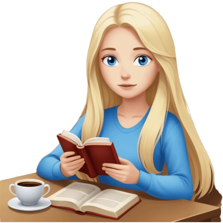 Cinematic realistic blonde with long hair and blue eyes, sitting reading a book, coffee is on the table next to her emoji