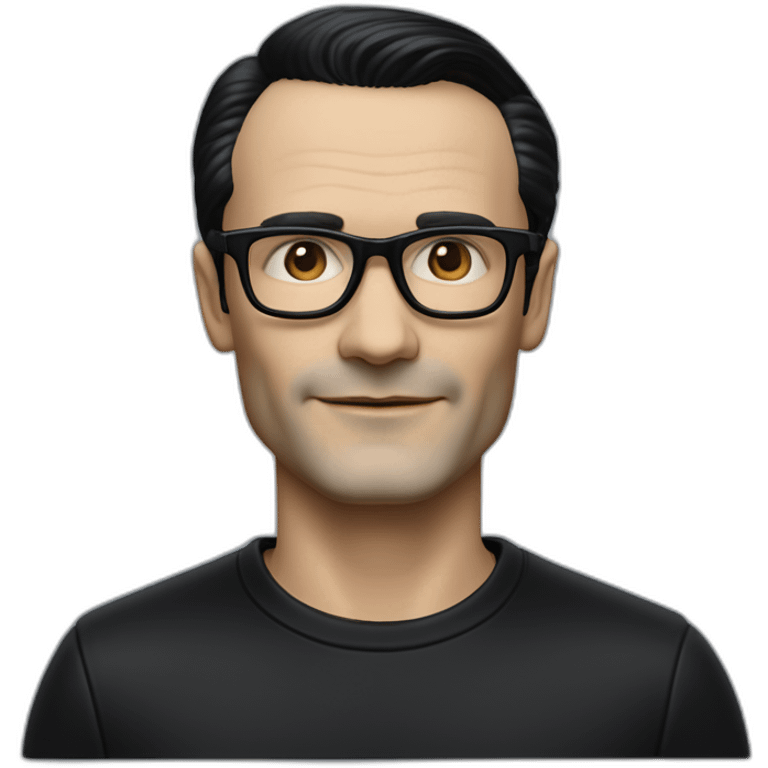 small photo realistic Ralf Hutter from Kraftwerk, short straight black hair, Dark Brown eyes, black glasses, thin, black shirt, side view, waving, in open top black tesla emoji