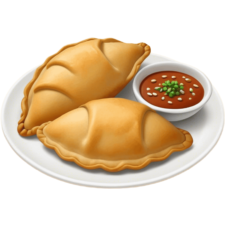 Cinematic Realistic Colombian Cornmeal Empanadas Emoji, showcasing the golden, crispy shell filled with savory meats and spices, served with a side of aji dipping sauce, rendered with vibrant textures and warm, inviting lighting. emoji