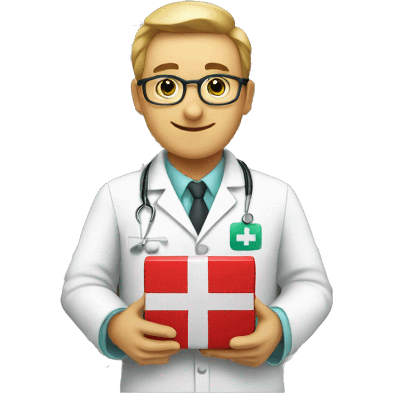 Pharmacist with a box of medics and green unifor emoji