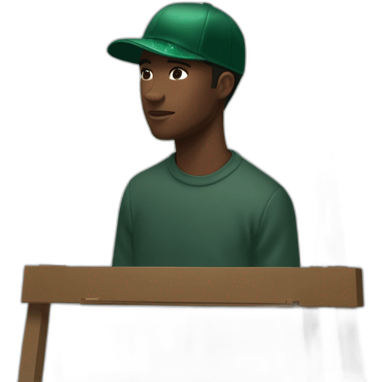 designer Say Willis holding an easel with sparkles behind him. He’s wearing a forest green Norse projects cap emoji