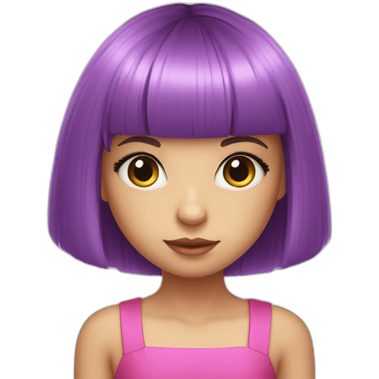 young girl with violet colored eyes, hot pink bob haircut with bangs, fair skin emoji