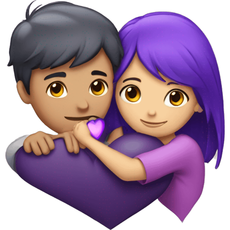 Girl boy hugging with purple heart emoji