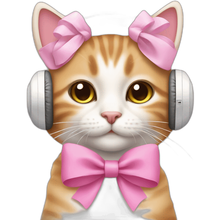 cute cat with pink bow and white warm headphones emoji