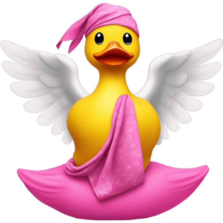 side view of yellow rubber duck with a pink bandana doing yoga, hands together emoji