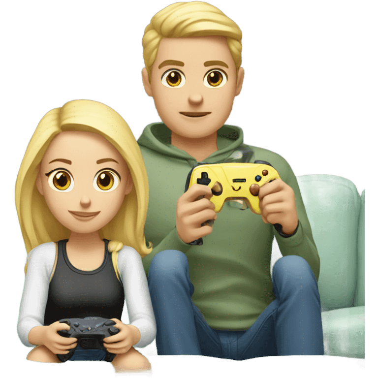 A young blond couple playing Playstation They're holding joysticks  emoji