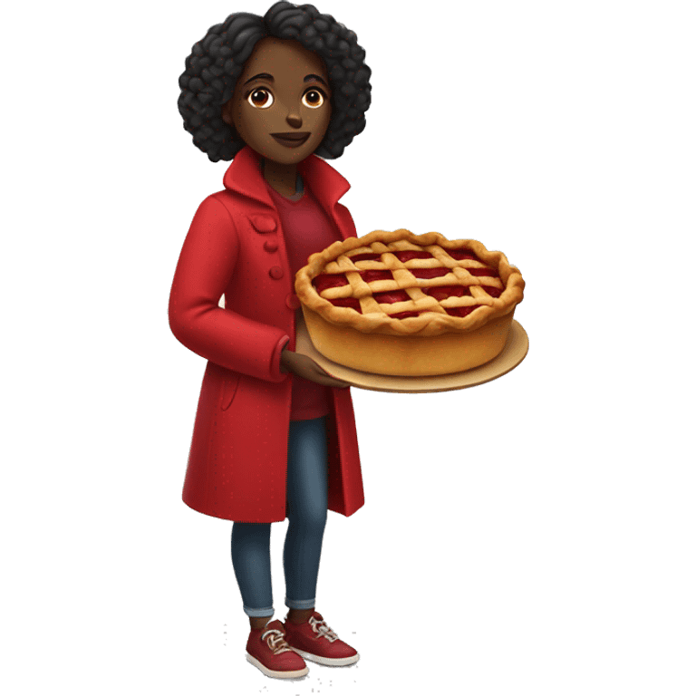 Black girl in a red coat holding a bright red apple pie emoji