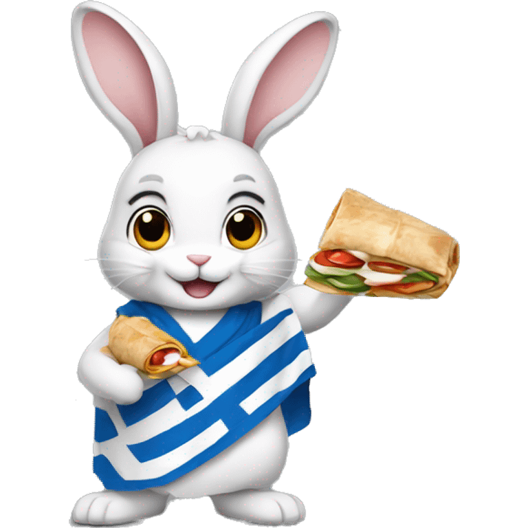 Bunny rabbit wearing Greek flag and holding gyros pita wrap emoji