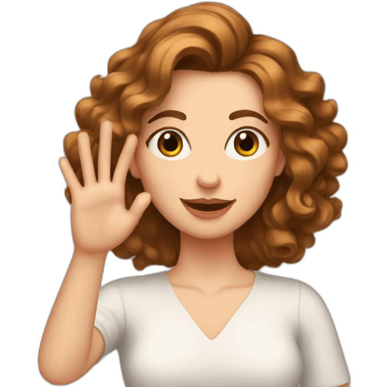 white woman, brown wavy hair, making heart gesture by hands, long earrings emoji