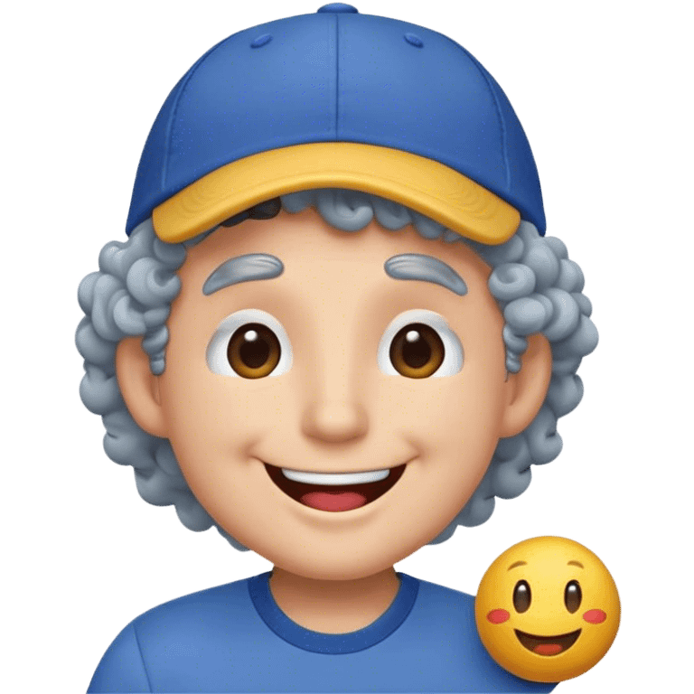 a yellow faced emoji, simple style, big smile, winking, blue ball cap on backwards, cartoon, curly grey hair emoji