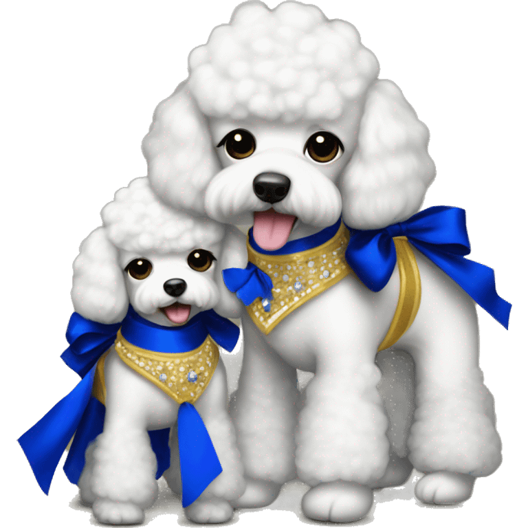 three-white-toy-poodles with royal blue and gold tutus on emoji