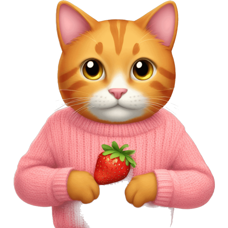 Orange cat wear sweater pink and hold strawberry emoji