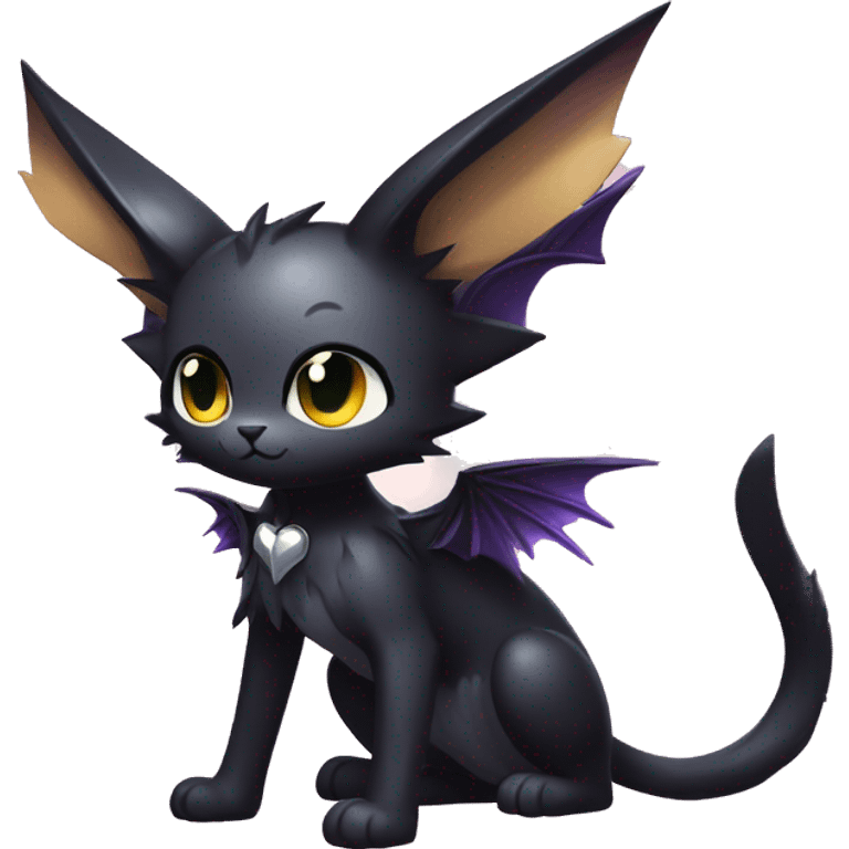 Shiny Cool Punk Black beautiful fantasy Kawaii Ethereal Sona Fakemon-cat-animal with edgy bat-wings-ears Full Body emoji