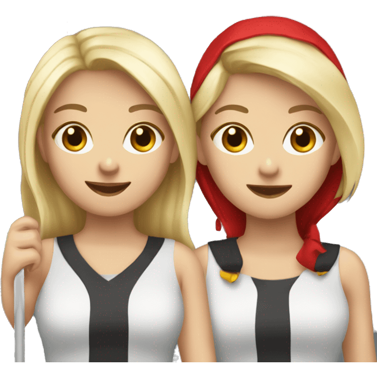 2 girls best friends one blonde and one brunette holding red flags emoji