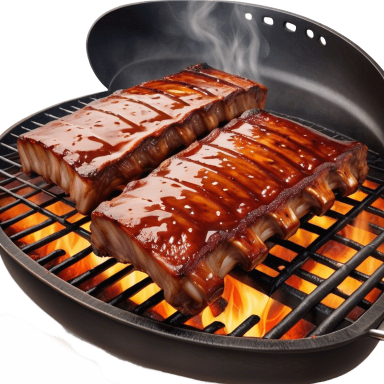 Cinematic juicy grilled ribs, glistening with smoky barbecue sauce, charred edges, tender meat falling off the bone, sizzling on a hot grill, mouthwatering and rich, warm and inviting, ultra-realistic and delicious. emoji