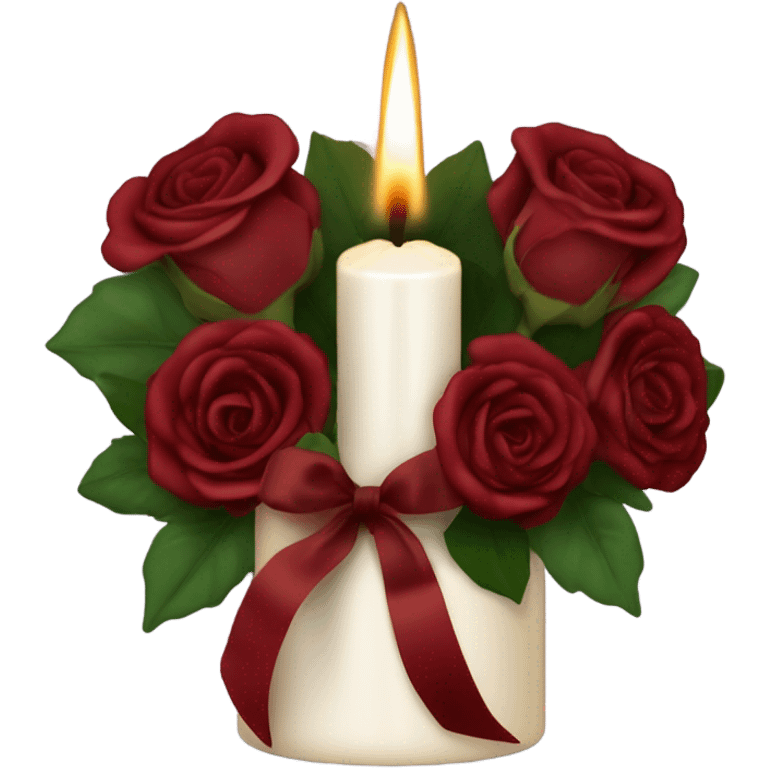 A flickering burgundy candle surrounded by deep red roses and a flowing satin ribbon
 emoji