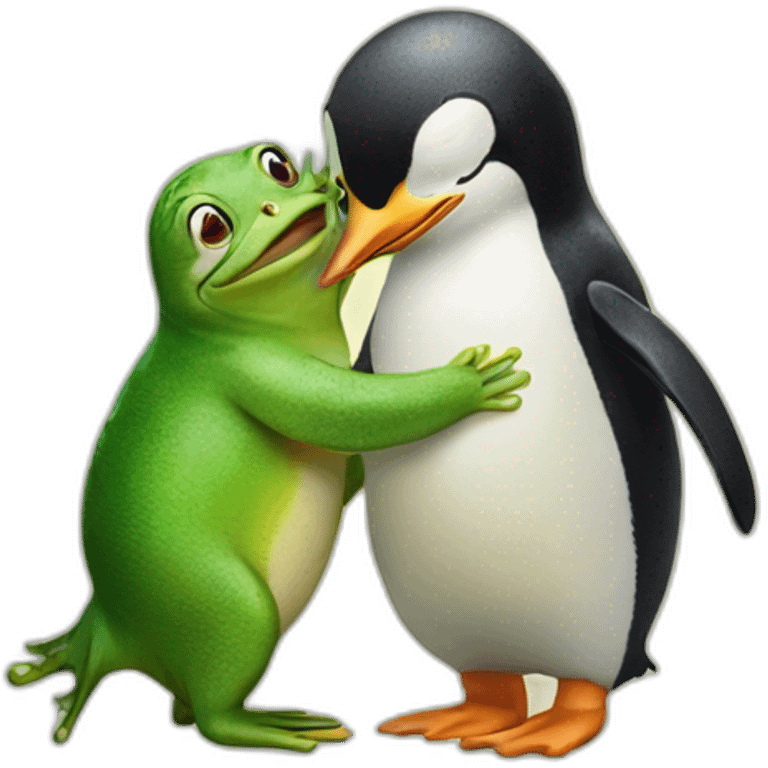 Penguin and a frog hugging emoji