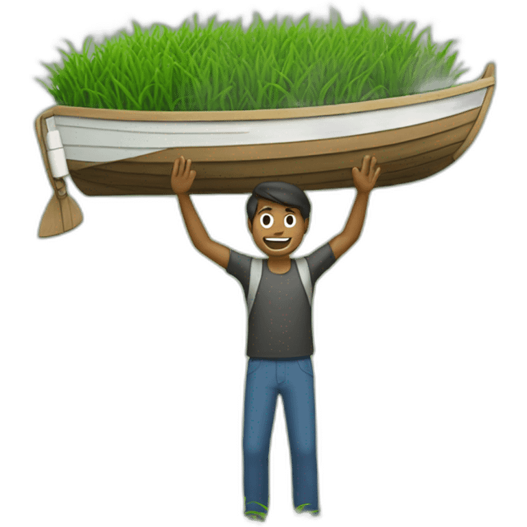 Guy carrying a boat over his head standing on grass emoji