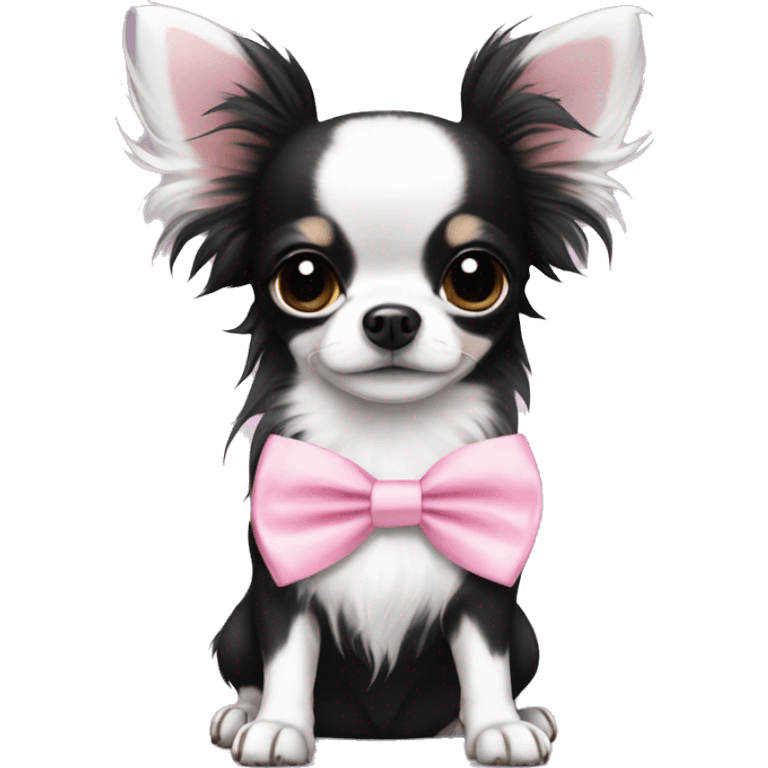 cute black with white long haired chihuahua with white stripe on forhead a cute pink bow emoji