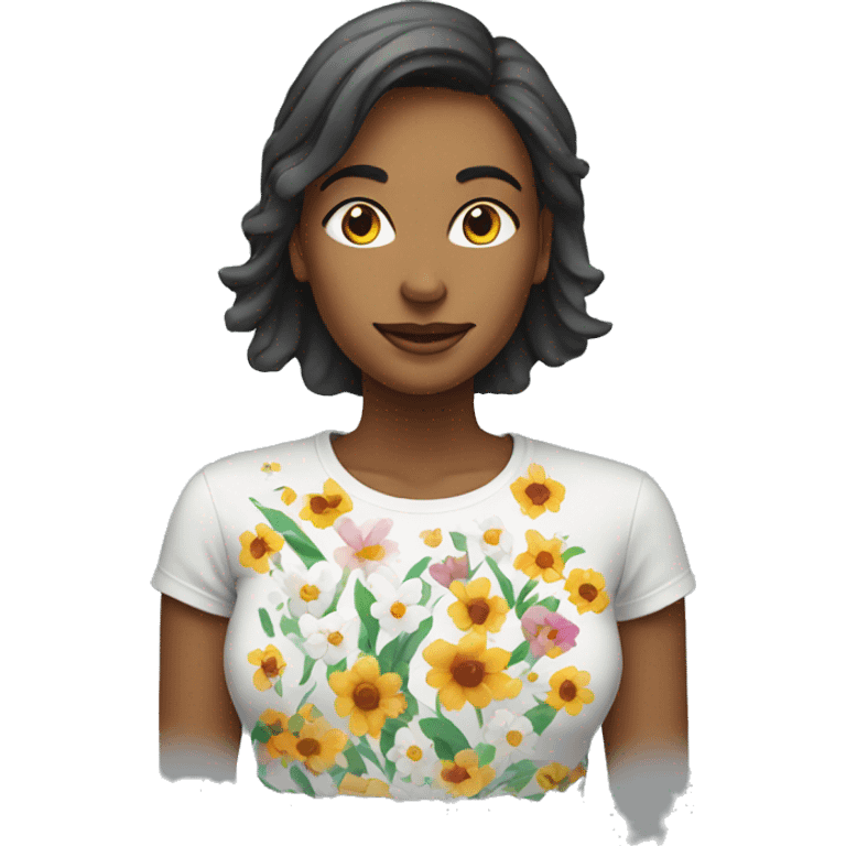 woman wearing T-shirt printed with flowers emoji