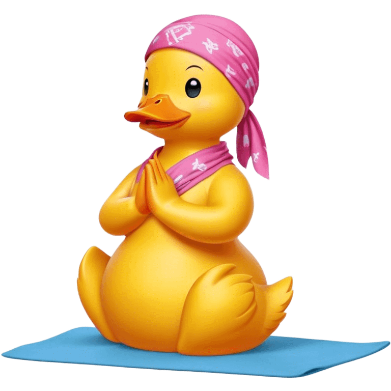 side view of yellow rubber duck with a pink bandana doing yoga while praying emoji