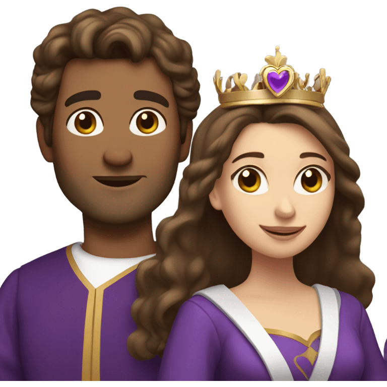 Caucasian long  brunette woman wearing formal royal purple robes and a crown whose face shows hearts to the man she adores  emoji