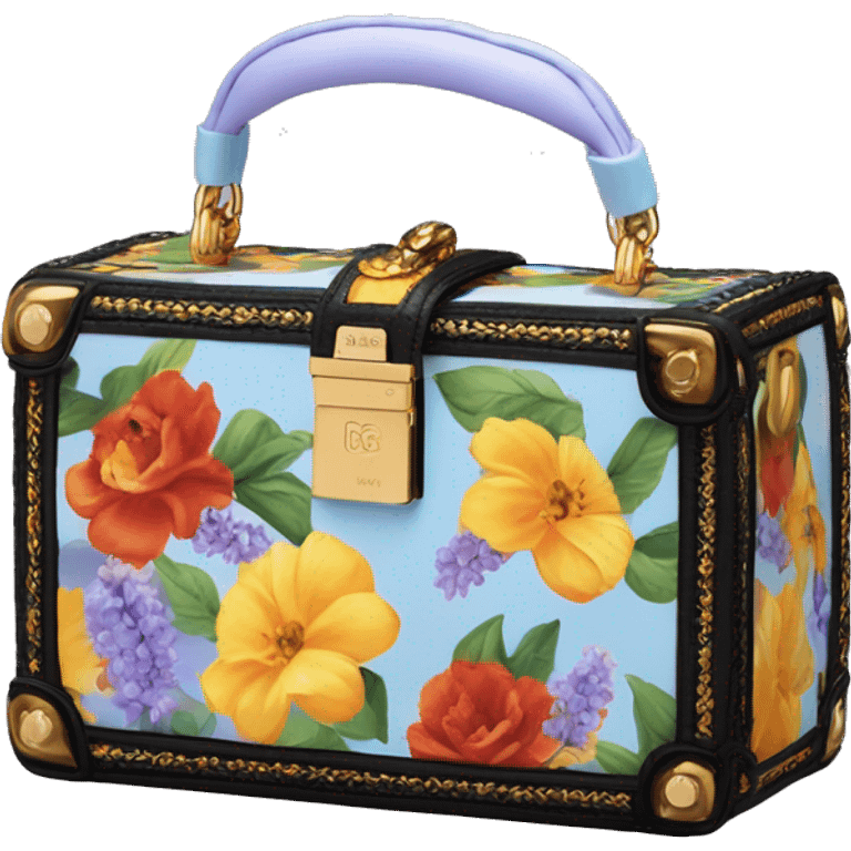 Dolce and Gabbana small box bag with colourful light blue lavender white yellow orange summer print dark red black and golden detais 2023 emoji